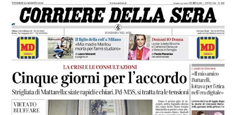 Le prime pagine di venerdì 23 agosto 2019