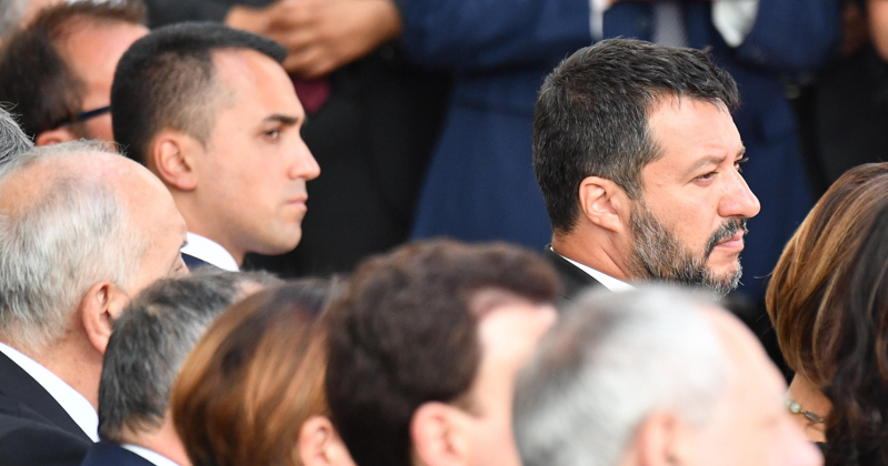 Luigi Di Maio e Matteo Salvini alla commemorazione del crollo del ponte Morandi a Genova, il 14 agosto. (ANSA/LUCA ZENNARO)