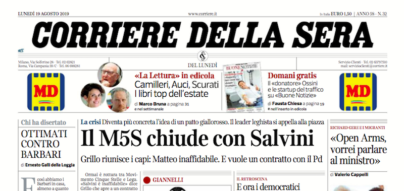 Le prime pagine di lunedì 19 agosto 2019