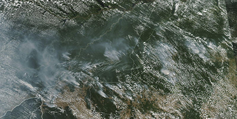 Immagine satellitare della NASA del 13 agosto 2019 che mostra numerosi incendi nella foresta amazzonica brasiliana (NASA via AP)