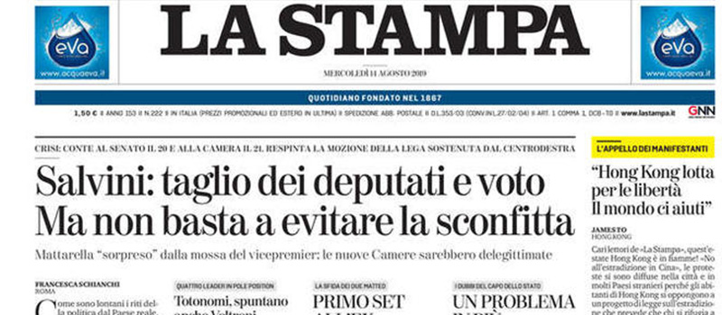 Le prime pagine di mercoledì 14 agosto 2019
