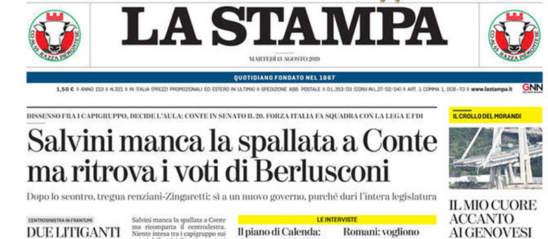 Le prime pagine di martedì 13 agosto 2019