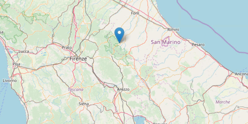 L'epicentro del terremoto avvenuto vicino a Premilcuore, in provincia di Forlì-Cesena (INGV)