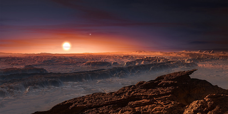 Una rappresentazione artistica di Proxima Centauri vista dalla superficie del pianeta Proxima Centauri b (ESO/M. Kornmesser)