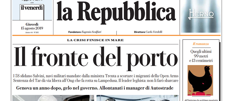 Le prime pagine di giovedì 15 agosto 2019