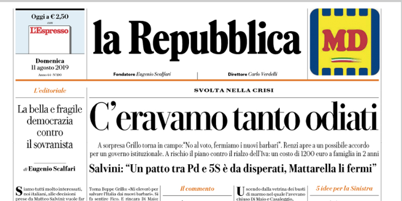 Le prime pagine di domenica 11 agosto 2019