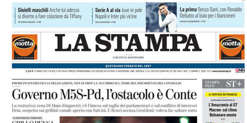 Le prime pagine di sabato 24 agosto 2019