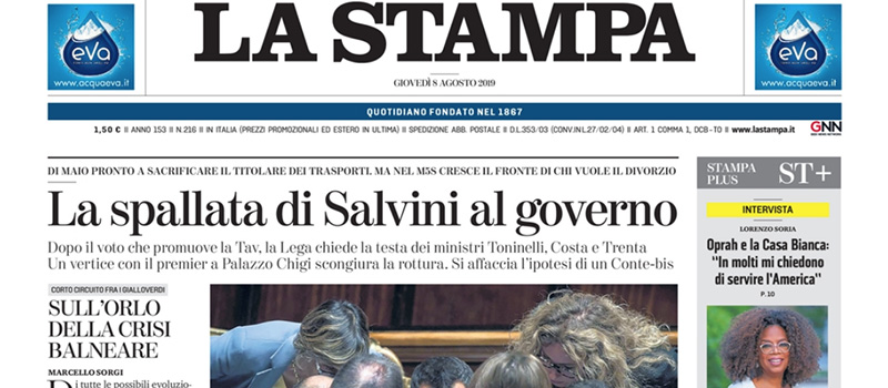 Le prime pagine di giovedì 8 agosto 2019