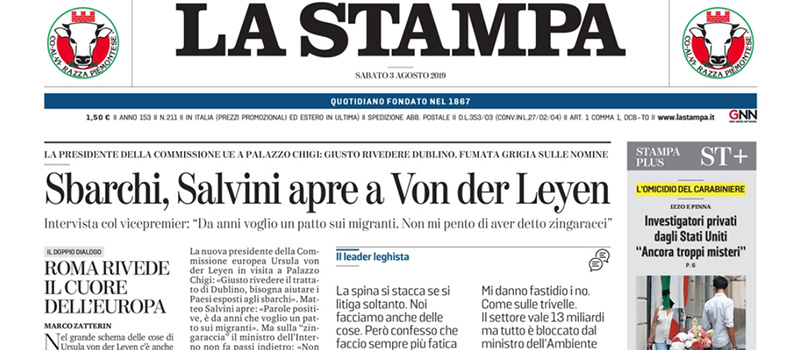 Le prime pagine di sabato 3 agosto 2019