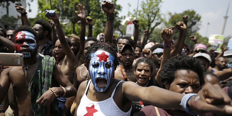 Proteste a sostegno di Papua a Giacarta, Indonesia, 22 agosto 2019 (AP Photo/Dita Alangkara)
