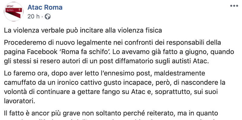 L'ATAC ha querelato la pagina Facebook "Roma fa schifo"