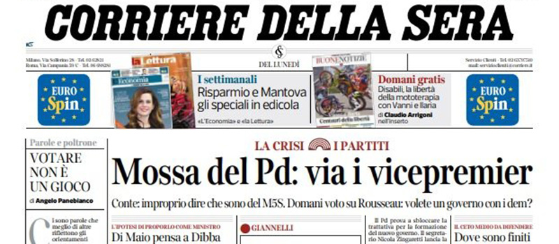 Le prime pagine di lunedì 2 settembre 2019