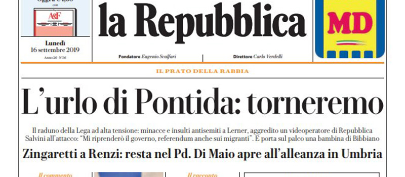 Le prime pagine di lunedì 16 settembre 2019