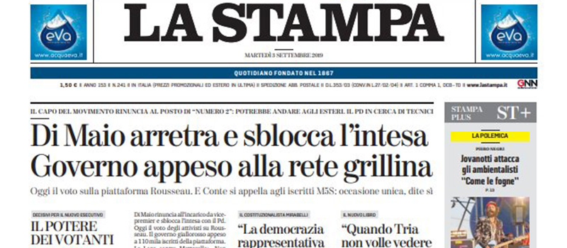 Le prime pagine di martedì 3 settembre 2019