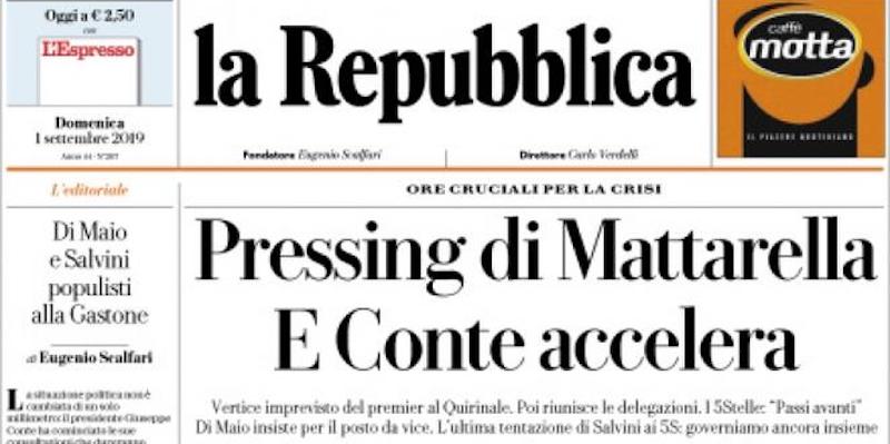 Le prime pagine di domenica 1 settembre 2019