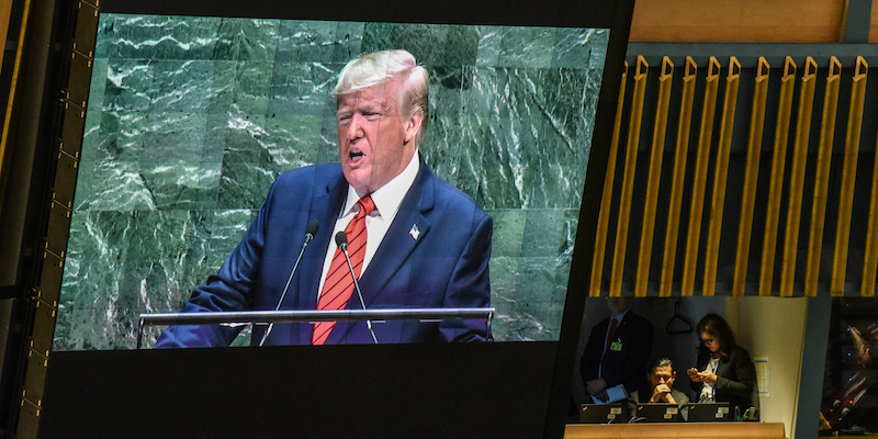 Donald Trump durante il suo discorso all'assemblea generale delle Nazioni Unite a New York, il 24 settembre 2019 (Stephanie Keith/Getty Images)