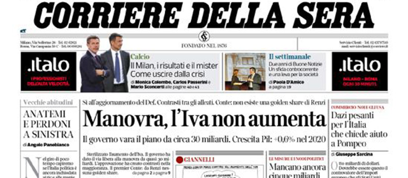 Le prime pagine di martedì 1 ottobre 2019