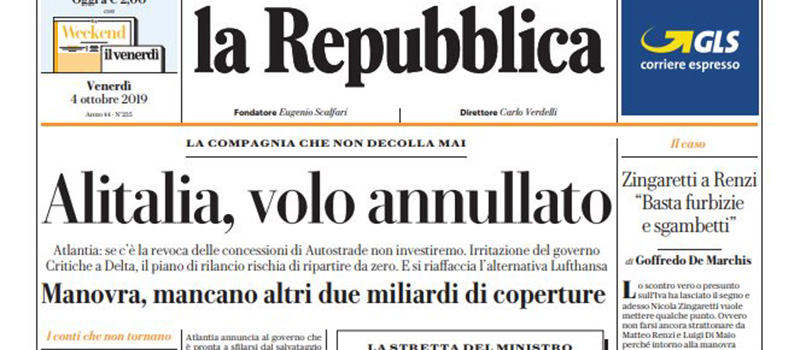 Le prime pagine di venerdì 4 ottobre 2019