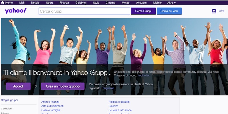 L'homepage di Yahoo Gruppi