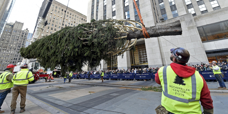 Un momento dell'installazione dell'albero di Natale del Rockefeller Center di New York, il 9 novembre 2019 (Diane Bondareff/AP Images for Tishman Speyer)