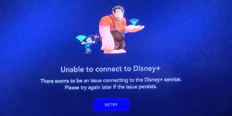 Il messaggio di errore dato a molti utenti da Disney+ nel suo primo giorno di funzionamento, il 12 novembre 2019 (Tweet di Cass McComb)