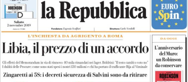 Le prime pagine di sabato 2 novembre 2019