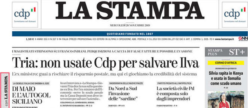 Le prime pagine di mercoledì 20 novembre 2019