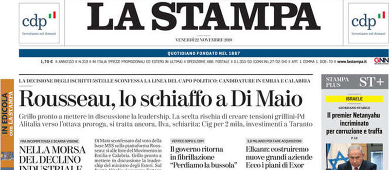 Le prime pagine di venerdì 22 novembre 2019