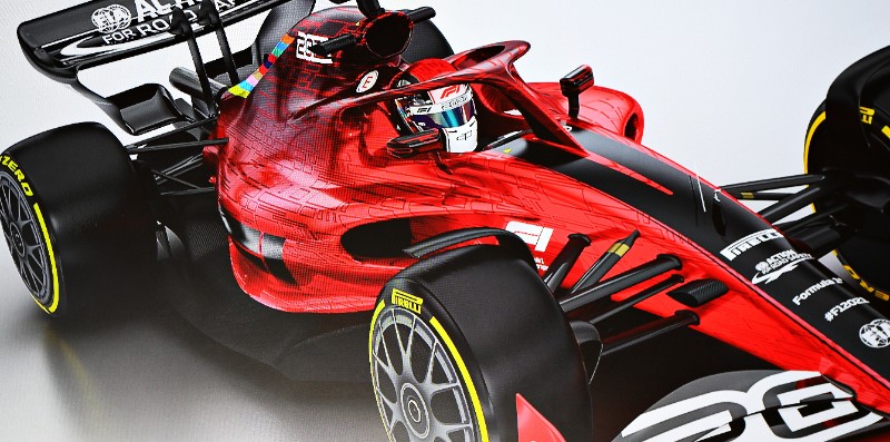 L'immagine di come sarà l'auto da Formula 1 con i cambiamenti che verranno introdotti a partire dal 2021, mostrata durante la conferenza stampa prima del Gran Premio degli Stati Uniti (Clive Mason/Getty Images)