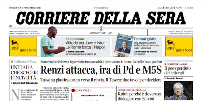 Le prime pagine di domenica 3 novembre 2019