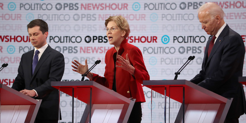 Pete Buttigieg, Elizabeth Warren e Joe Biden. (Justin Sullivan/Getty Images)
