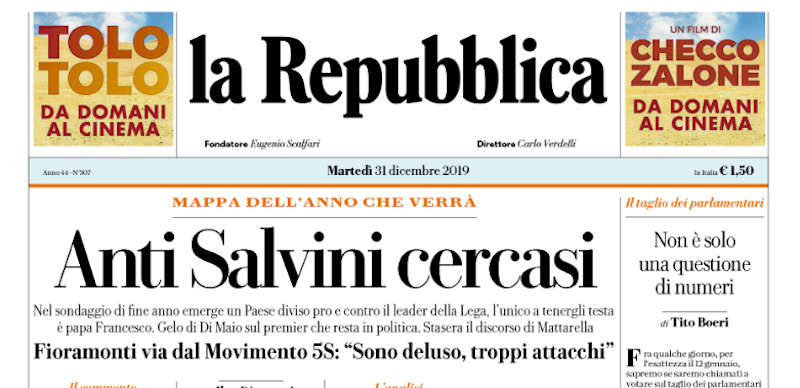 Le prime pagine di martedì 31 dicembre 2019