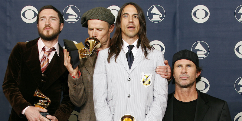 I Red Hot Chili Peppers, il 19 novembre 2007, ai Grammy di quell'anno; da sinistra sono John Frusciante, Flea, Anthony Kiedis e Chad Smith (AP Photo/Kevork Djansezian)