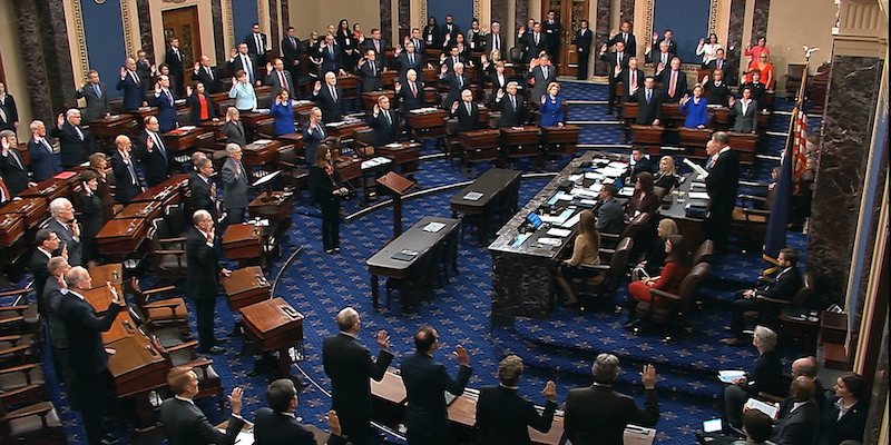 Un'immagine del Senato durante l'apertura del processo di impeachment. (Senate Television via AP)