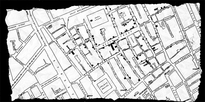 Parte della mappa pubblicata da John Snow con i casi di colera a Broad Street rilevati nel 1854