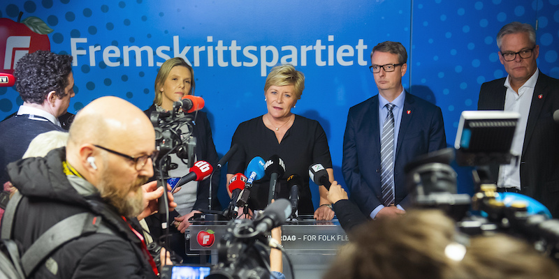 La conferenza stampa di oggi del Partito del Progresso. 
(Fredrik Varfjel, NTB scanpixKP/AP)
