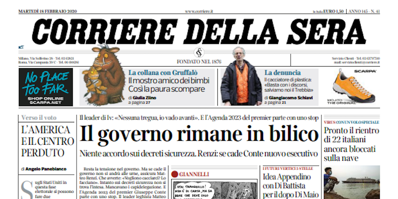 Le prime pagine di martedì 18 febbraio 2020