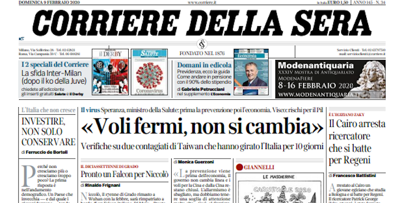 Le prime pagine di domenica 9 febbraio 2020
