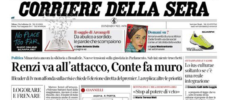 Le prime pagine di giovedì 20 febbraio 2020