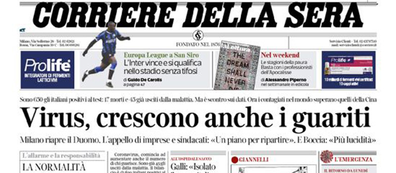 Le prime pagine di venerdì 28 febbraio 2020