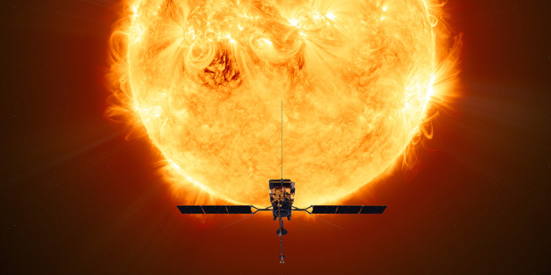 La sonda Solar Orbiter con il Sole sullo sfondo, in un'elaborazione grafica (ESA/ATG medialab)