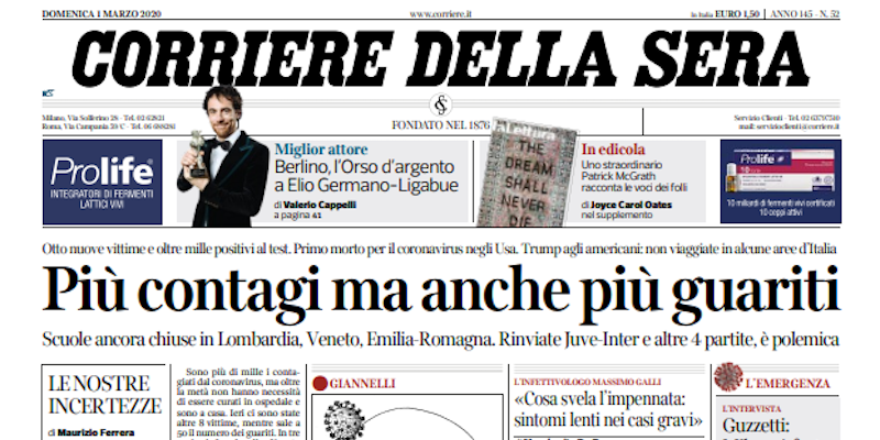 Le prime pagine di domenica 1 marzo 2020