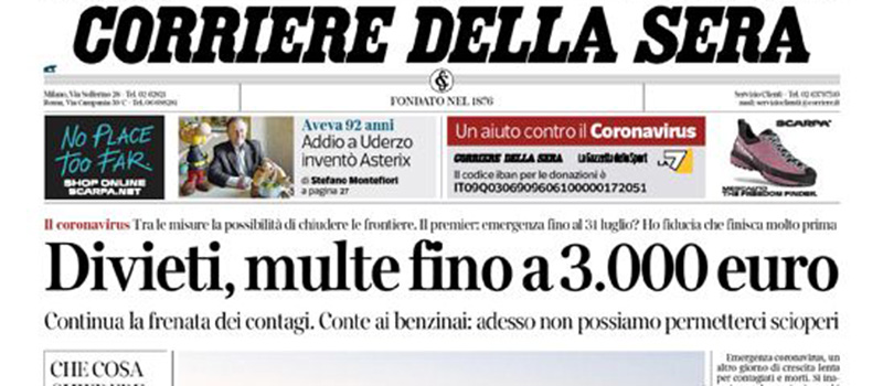 Le prime pagine di mercoledì 25 marzo 2020