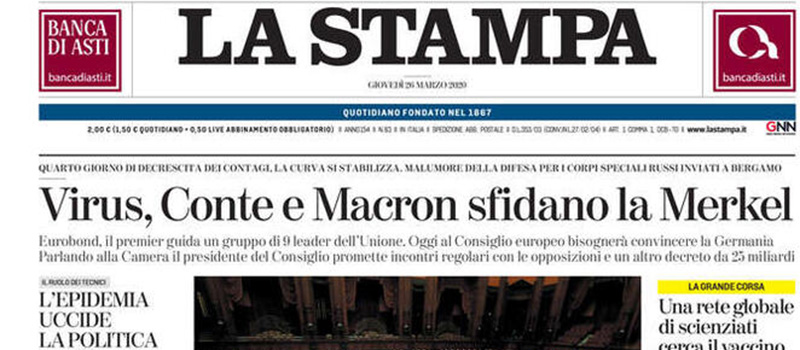 Le prime pagine di giovedì 26 marzo 2020