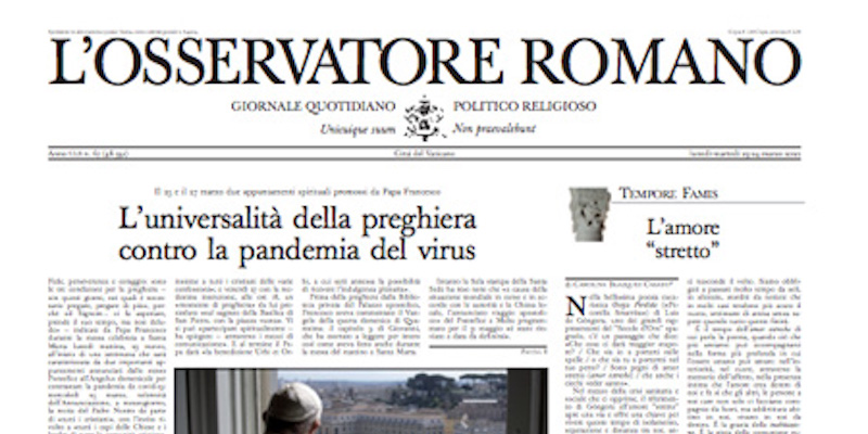 Da giovedì l'Osservatore Romano uscirà solo in versione digitale, a causa del coronavirus
