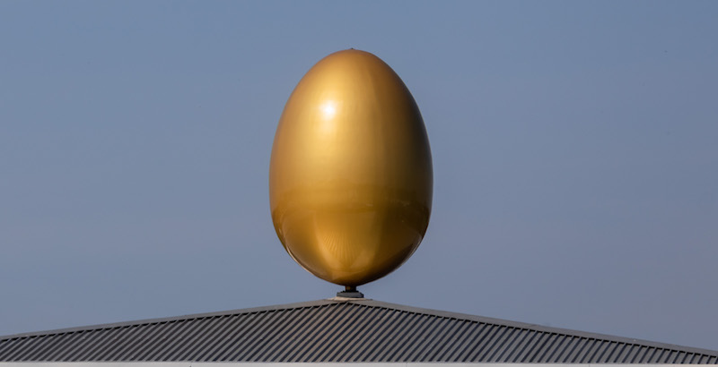Un enorme uovo dorato sul tetto della sede di un produttore di uova colorate a Metelen, in Germania
(Rolf Vennenbernd/dpa via ANSA)