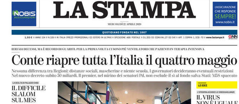Le prime pagine di mercoledì 22 aprile 2020