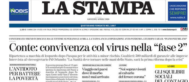 Le prime pagine di giovedì 2 aprile 2020