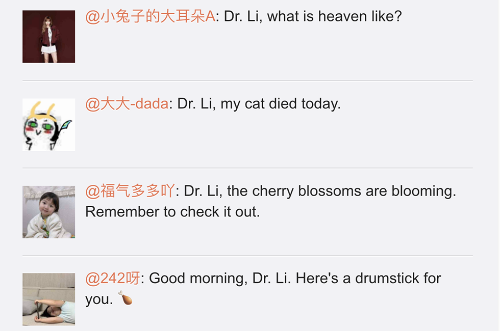 Alcuni commenti sotto all'ultimo post di Li Wenliang su Weibo 