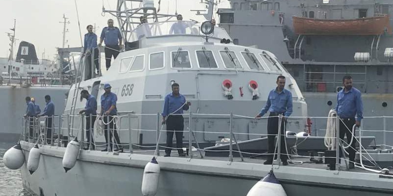 La motovedetta "Fezzan" - ex unità della Guardia di finanza, classe Corrubia - con a bordo equipaggio della Guardia Costiera libica in una foto diffusa il 21 ottobre 2018 (ANSA/ UFFICIO STAMPA)